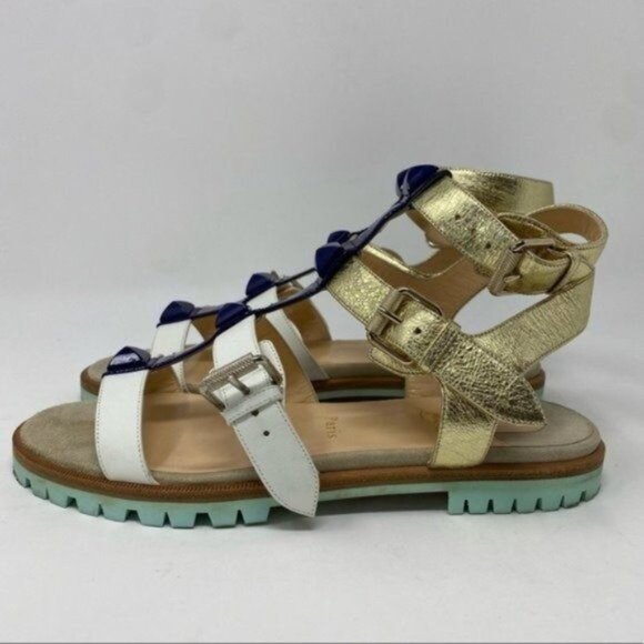 Authentic Christian Louboutin Rock N Buckle Colorblock Leather Gladiator Sandals - Picture 2 of 7